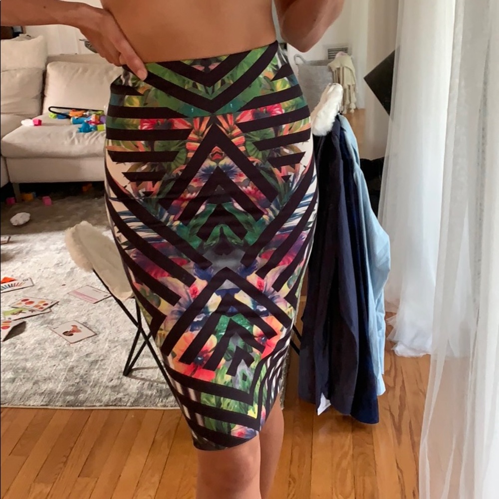 Geometric tropical print pencil skirt stretch S